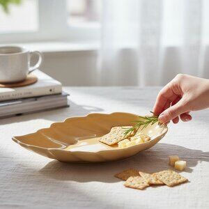 Vintage Yellow Leaf-Shaped Ceramic Serving Dish By Mancer Made In Italy Hand-Pai